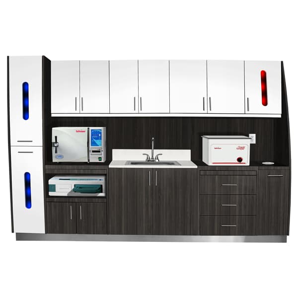 Signature Series Sterilization Unit, Complete 106", Custom Built, Upper/Lower Drawers, Sliding Trash Shoot, Sharps Container, Autoclave Area, Red/Blue LED Lights - Signature Series Sterilization Unit - Complete 106", Custom built. Upper /Lower - Image 1