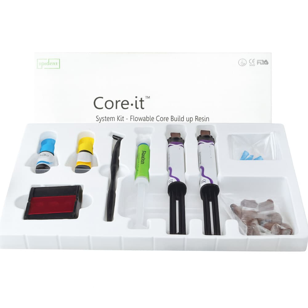 Spident Core-it Flowable Core Build Up Resin, Dual-Cure, Yellow, 2 x 10g Syringe Kit (Includes Etch, Bond, Activator, and Accessories) - Core-it Flowable Core Build Up Resin, Dual-Cure, Yellow, 2 x 10gm Syringe Kit. Includes: - Image 1