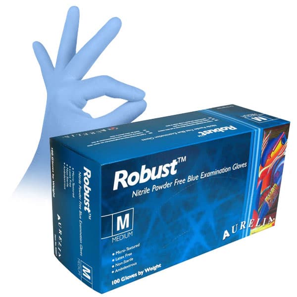 Aurelia Robust Nitrile Exam Gloves, Medium, Powder-Free, Micro-Textured, Blue, Non-Sterile, 4.5 mil, 1000/Case (10 x 100/Bx) - Aurelia Robust Nitrile Exam Gloves: MEDIUM Case of 10 x 100/Bx. Powder-Free - Image 1