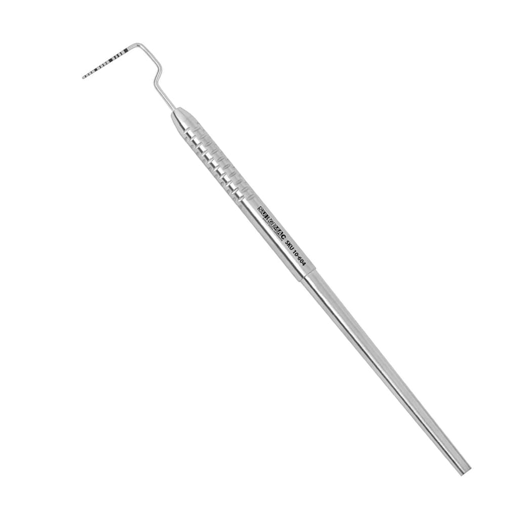 SurgiMac Slim Series UNC 15 Stainless Steel Posterior Offset Single-Ended Probe, 1/Pk - Slim Series UNC 15 Stainless Steel Posterior Offset Single-Ended Probe, 1/Pk. Designed for periodontal assessment in posterior regions with an angled shank for access to molars and premolars. Features clear millimeter markings from 1 to 15mm with color-coded bands and a rounded tip for controlled probing. - Image 1