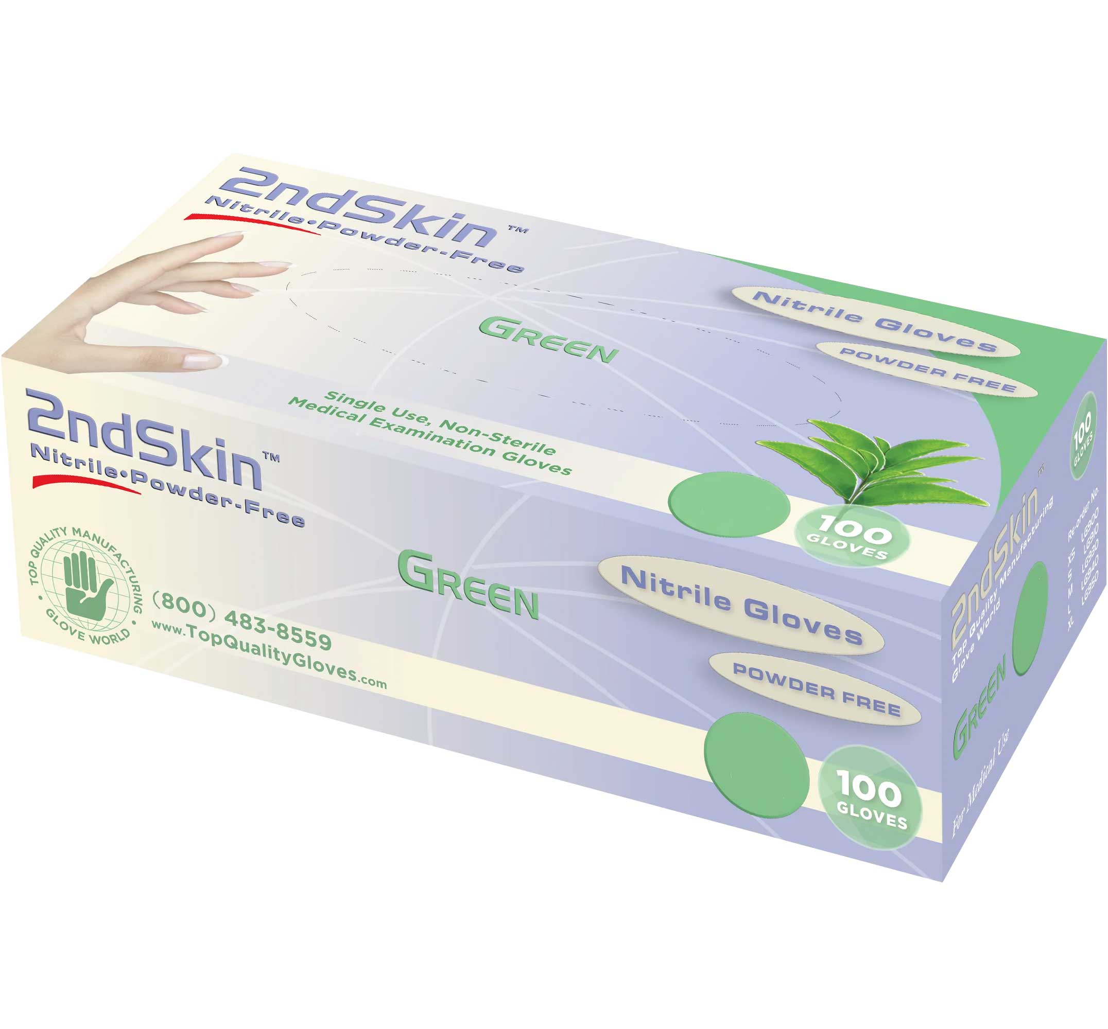 2ndSkin Nitrile Exam Gloves, Powder Free, Medium, Green, 100/Box, Case of 10