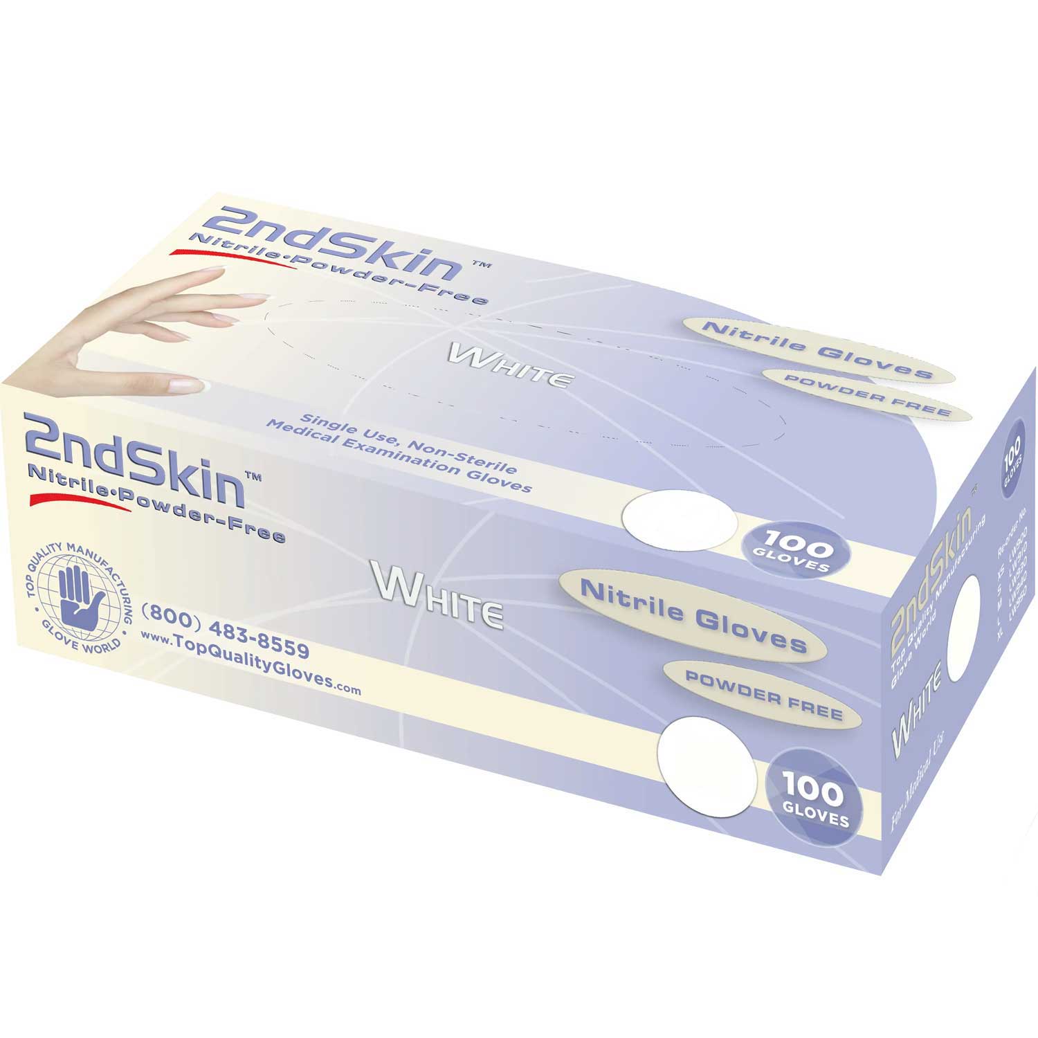 2ndSkin Nitrile Exam Gloves, Powder Free, Medium, White, 100/Box, Case of 10