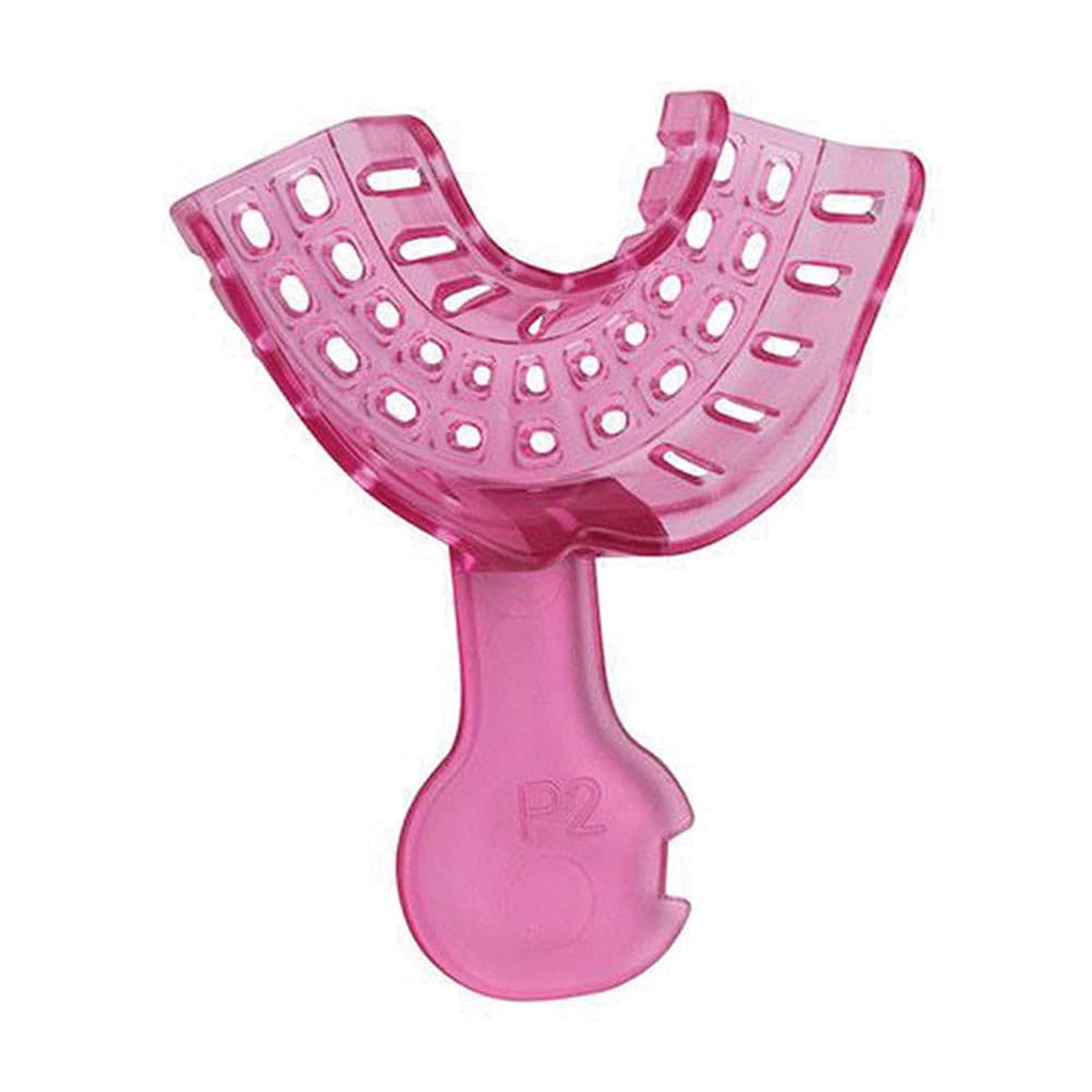 Top Quality Manufacturing Color-Brite/Crystal Colors Perforated Impression Trays, Anterior Lower, Pink, 12/Box - Top Quality Manufacturing Color-Brite/Crystal Colors Perforated Impression Trays, Anterior Lower, Pink, 12/Box - Image 1