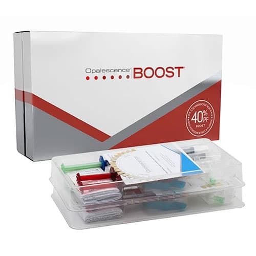 Opalescence Boost PF 40% HP In-Office Power Whitener, Intro Kit: 4 x 1.2 ml Syringes, 2 x 1.2 ml OpalDam Green Syringes, 2 x IsoBlocks, 2 x Shade Guide Cards, 2 x Luer Vacuum Adapters, 2 x SST Tips, 10 x Micro 20 ga Tips, 10 x Micro 20 ga FX Tips - Opalescence Boost PF 40% HP In-Office Power Whitener, Intro Kit: 4 x 1.2 ml - Image 1