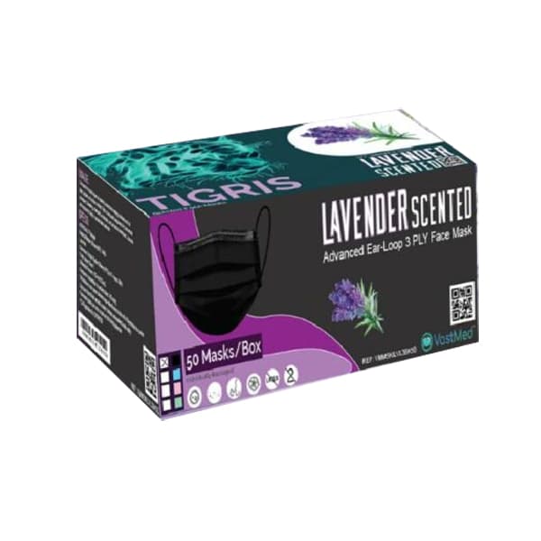 VastMed TIGRIS Earloop Procedural Mask, Lavender Scented, Black, 3-Ply, Latex-Free, 50/Box - VastMed TIGRIS Earloop Style Procedural Mask, Lavender Scented, Black, 50/Box - Image 1