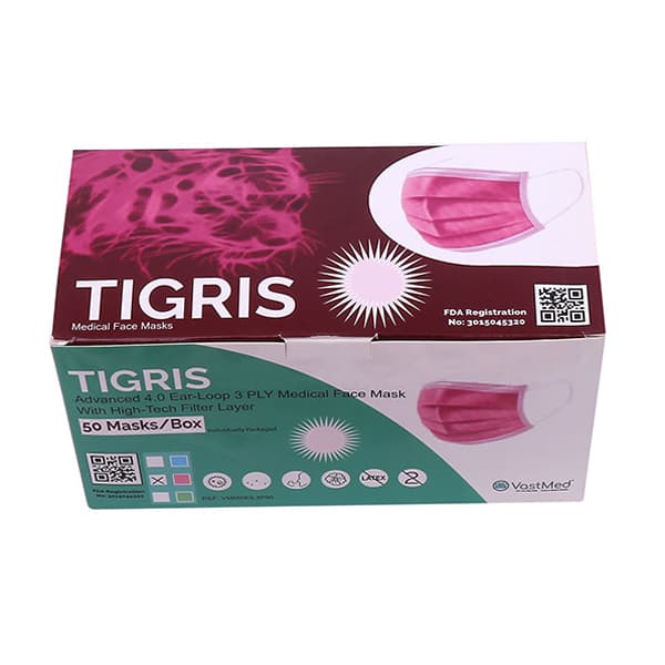 VastMed TIGRIS Earloop Procedural Mask, Pink, Individually Wrapped, 50/Box - VastMed TIGRIS Earloop Style Procedural Mask, Pink, Individually Wrapped, 50/Box - Image 1