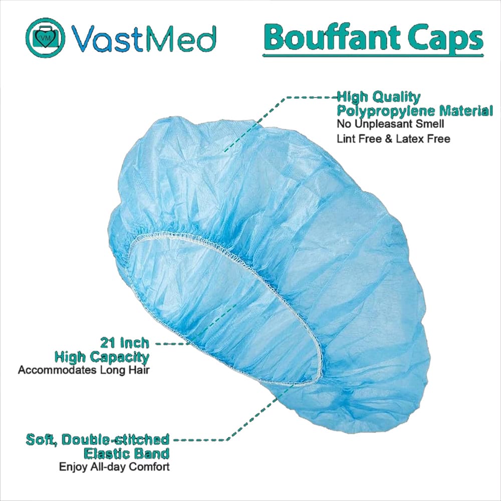VastMed 21" Non-Woven Polypropylene Bouffant Caps, 35gsm, Elastic Band, Blue, 150/Pk - VastMed 21" Non-Woven Polypropylene Bouffant Caps, 35gsm, Elastic Band, Blue, 150/Pk - Image 1