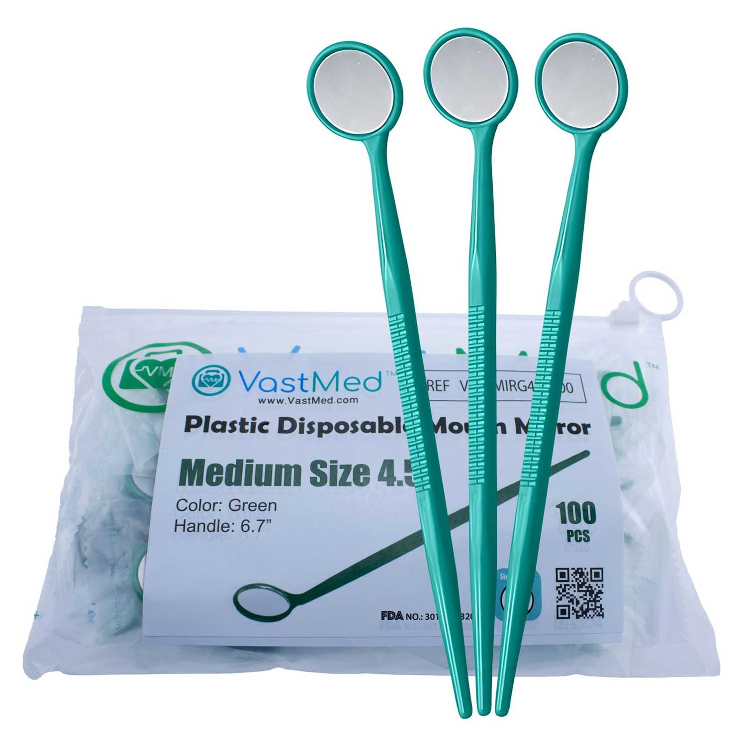 VastMed Disposable Plastic 45° Mouth Mirror, Medium 4.5, Green, 100/Pk - VastMed Disposable Plastic 45° Mouth Mirror, Medium 4.5, Green, 100/Pk - Image 1