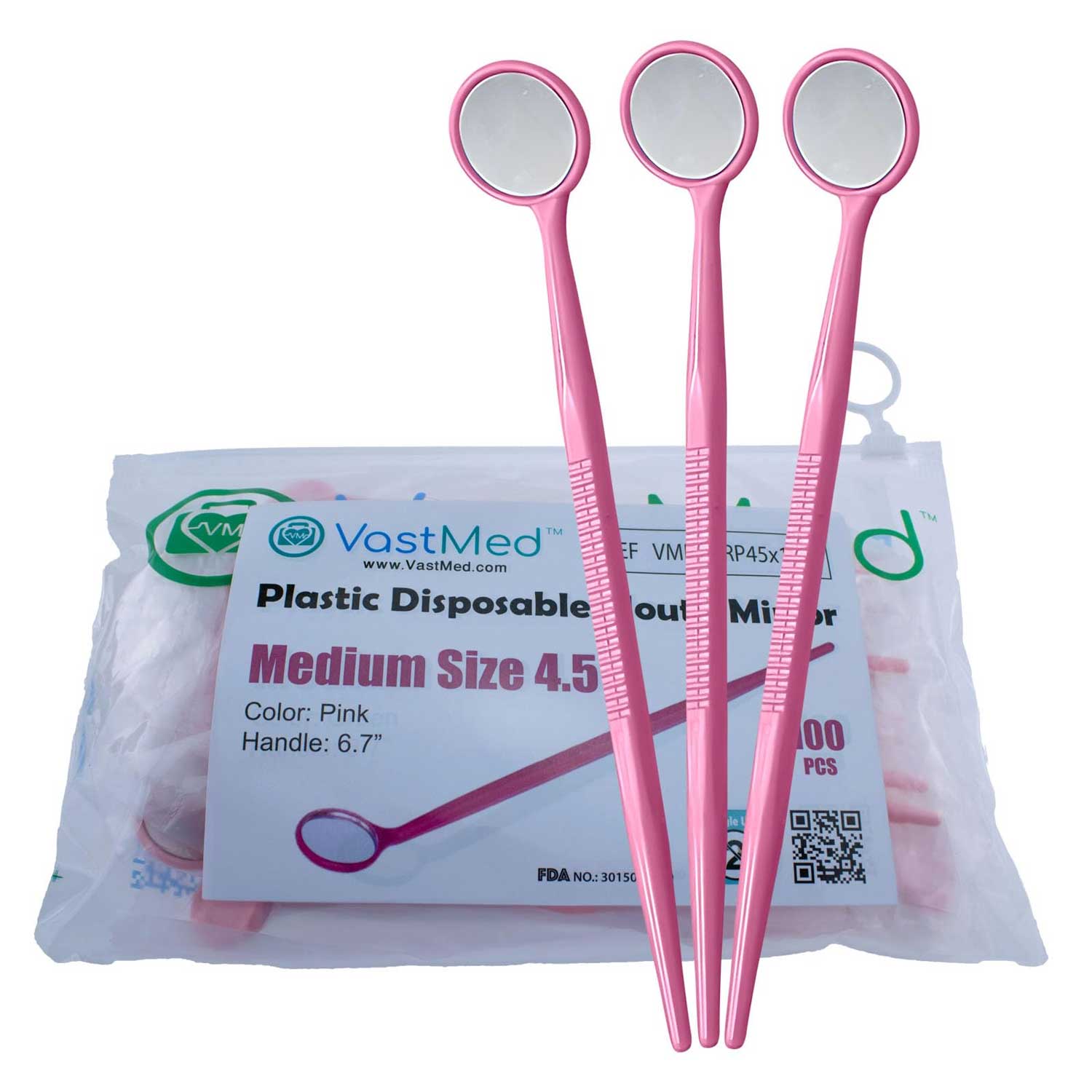VastMed Disposable Plastic 45° Mouth Mirror, Medium 4.5, Pink, 100/Pk - VastMed Disposable Plastic 45° Mouth Mirror, Medium 4.5, Pink, 100/Pk - Image 1