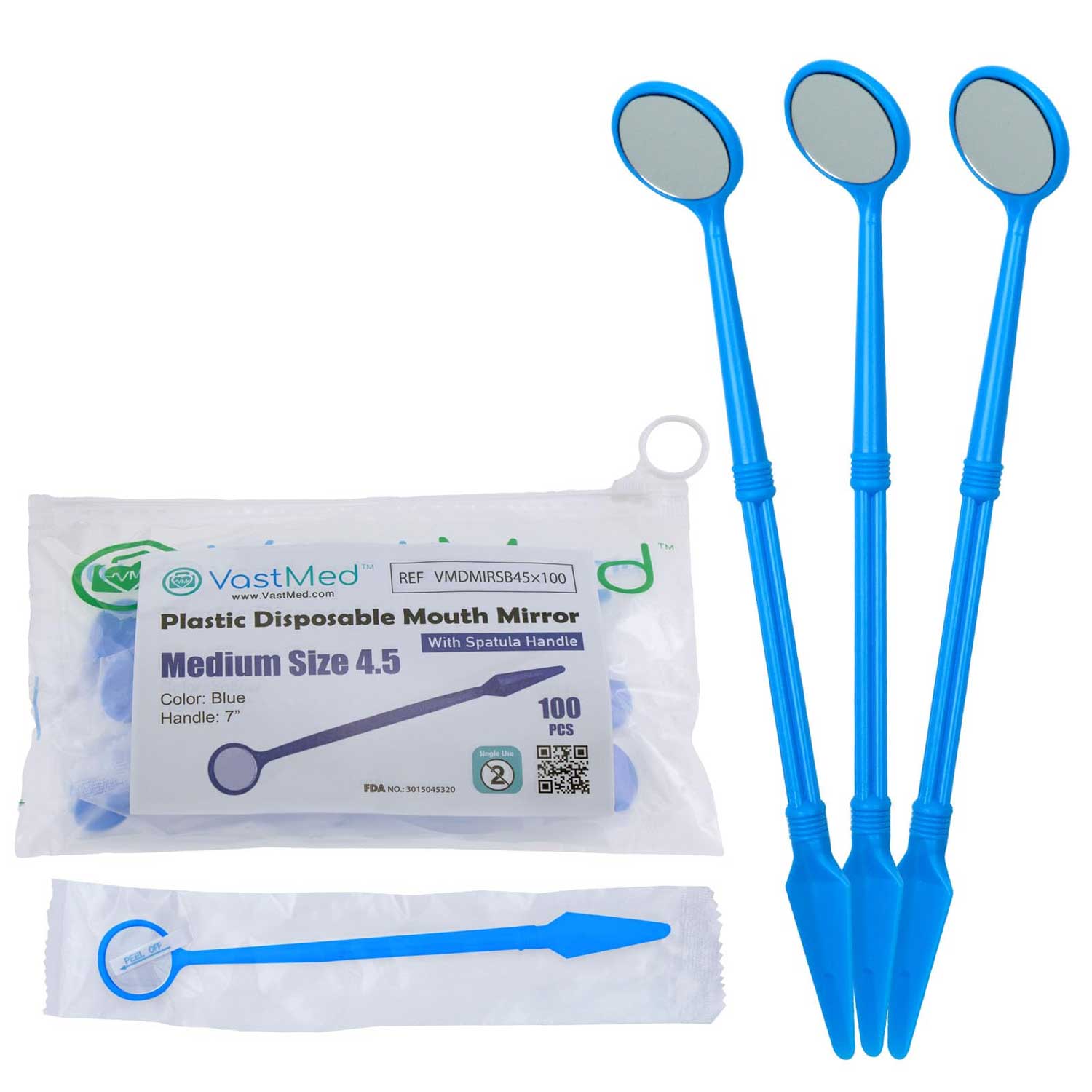 VastMed Disposable 4.5 Medium Plastic Mouth Mirror with 7" Spatula Handle, Blue, 100/Pk - VastMed Disposable 4.5 Medium Plastic Mouth Mirror with 7" Spatula Handle, Blue, 100/Pk - Image 1