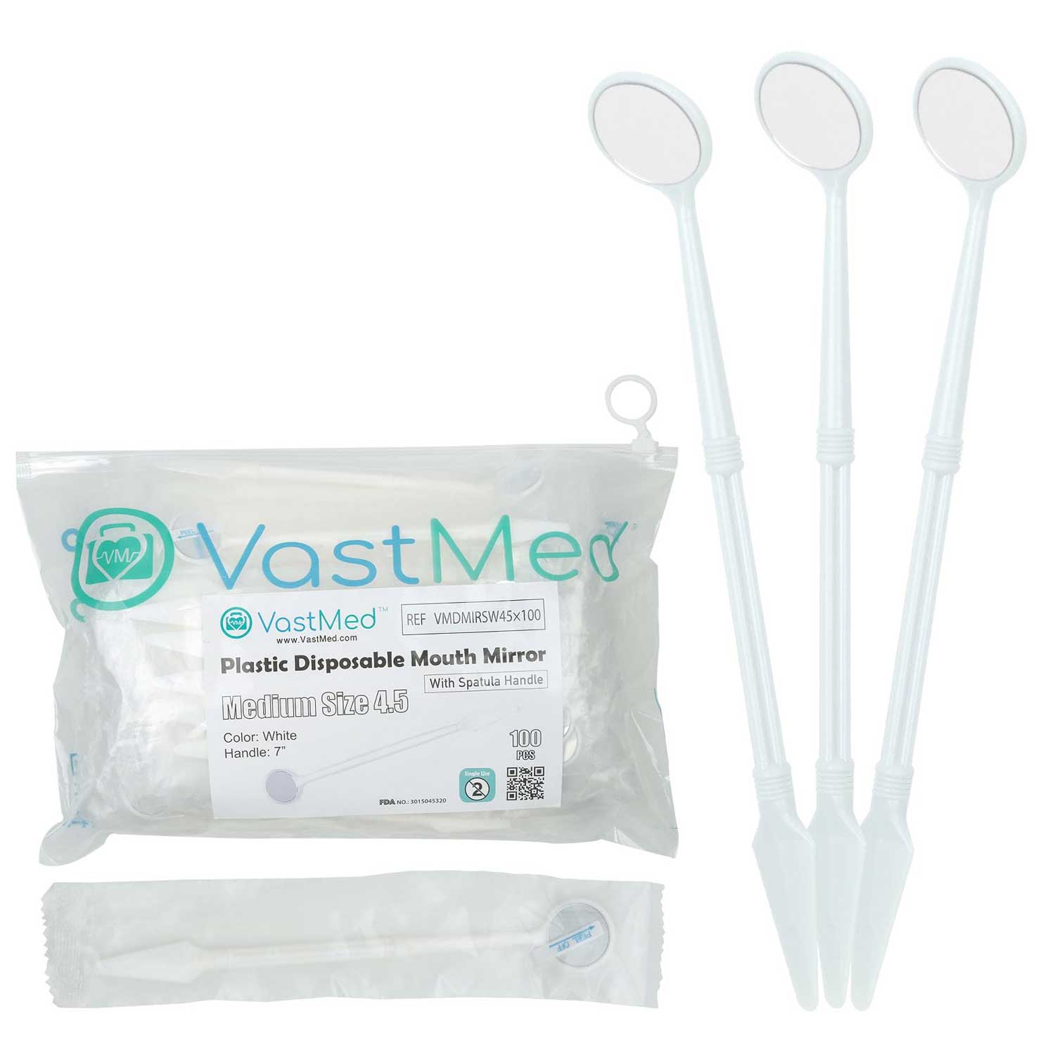 VastMed Disposable Plastic Mouth Mirror, 4.5 Medium, 7" Spatula Handle, White, 100/Pk - VastMed Disposable 4.5 Medium Plastic Mouth Mirror with 7" Spatula Handle, White, 100/Pk - Image 1