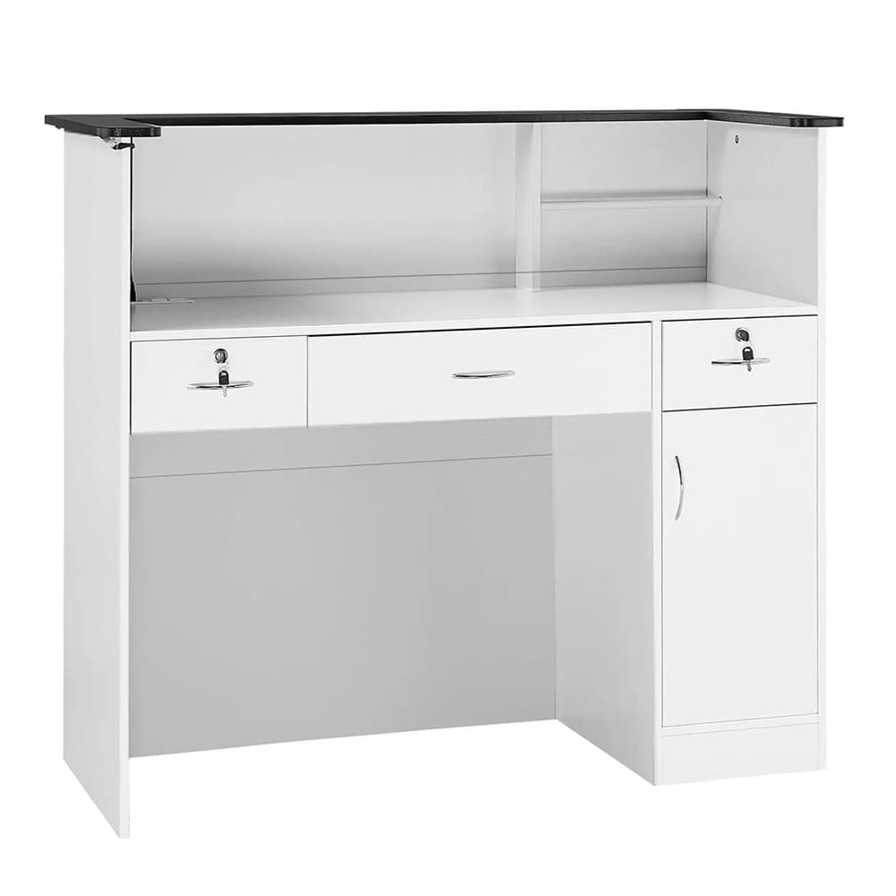 Vevor Particle Board Reception Desk with 3 Drawers and Storage Cabinets, White and Black, 1/Pk - Vevor Particle Board Reception Desk, 3 Drawers and Storage Cabinets, White and Black, 1/Pk - Image 1