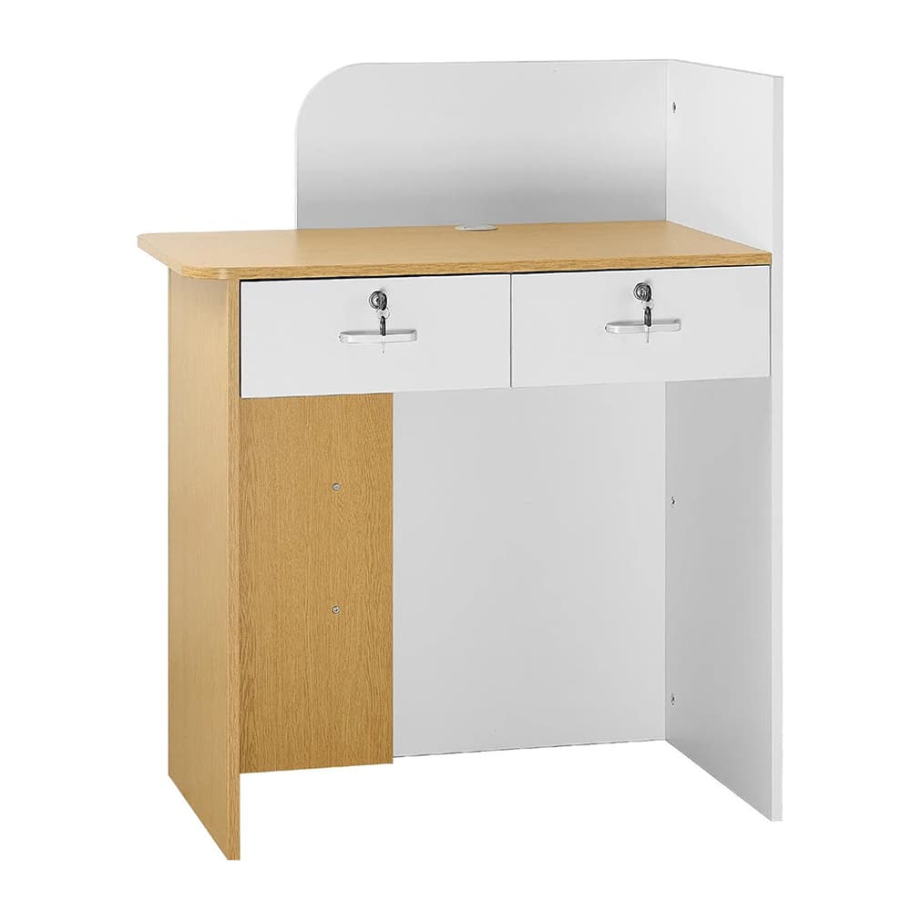Vevor Particle Board Reception Desk with 2 Drawers and Power Outlets, White/Wood, LED Lighting, 31.5" x 17.7" x 39.3", 1/Pk - Vevor Particle Board Reception Desk, 2 Drawers and Power Outlets, 1/Pk - Image 1