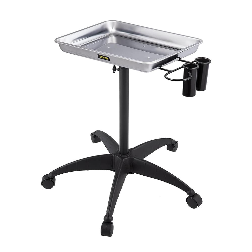 Vevor Stainless Steel Mayo Stand with Tray, 2 Cups, 1 Metal Ring, Adjustable Height, 1/Pk - Vevor Stainless Steel Mayo Stand Medical Tray with 2 Cups and 1 Metal Ring, 1/Pk - Image 1