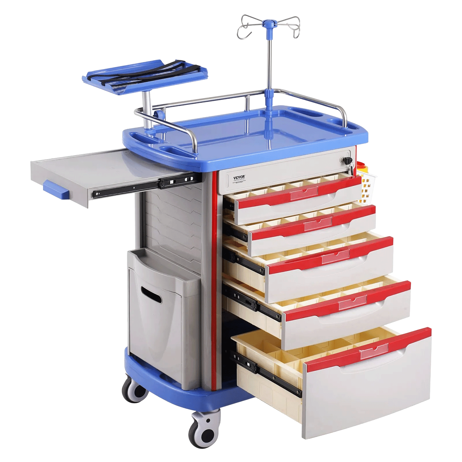 Vevor 5-Tier Mobile Lab Utility Cart with 5 Drawers & 2 Trash Cans, Blue, 1/Pk - Vevor 5-Tier Mobile Lab Utility Cart w/5 Drawers & 2 Trash Cans, Blue, 1/Pk - Image 1