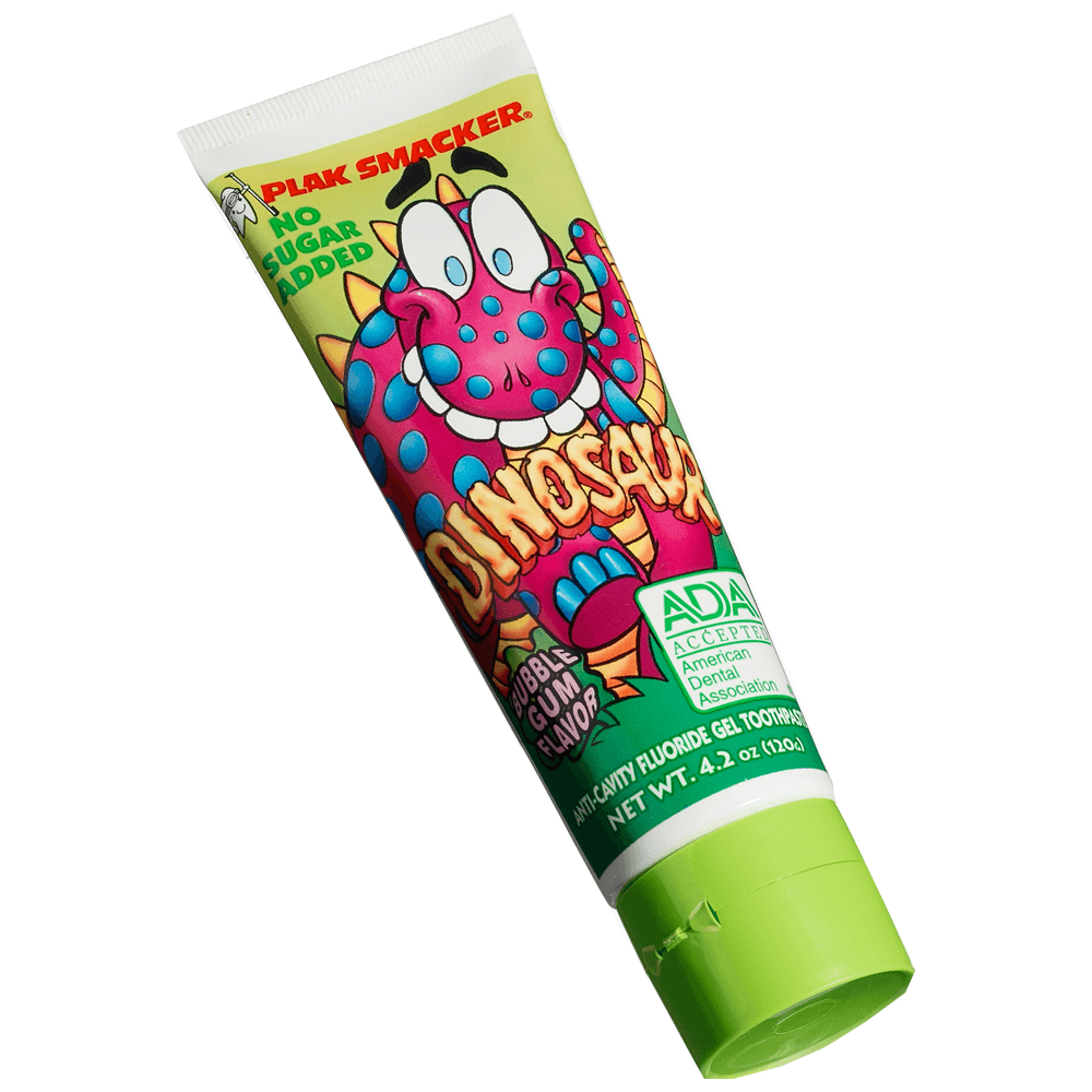 Plak Smacker Dinosaur Fluoride Gel Toothpaste, Bubblegum, Sodium Fluoride Anti-Cavity, No Added Sugar, 4.2 oz Stand-Up Tube, 12/Pk - Plak Smacker Dinosaur Fluoride Gel, Bubblegum 4.2 oz. Toothpaste, 12/Pk - Image 1