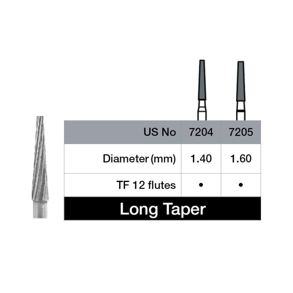 DEFEND® Trimming & Finishing Long Taper Carbide Burs, 7204, 5/Pk - DEFEND® Trimming & Finishing Long Taper Carbide Burs (5 ct) - Image 1